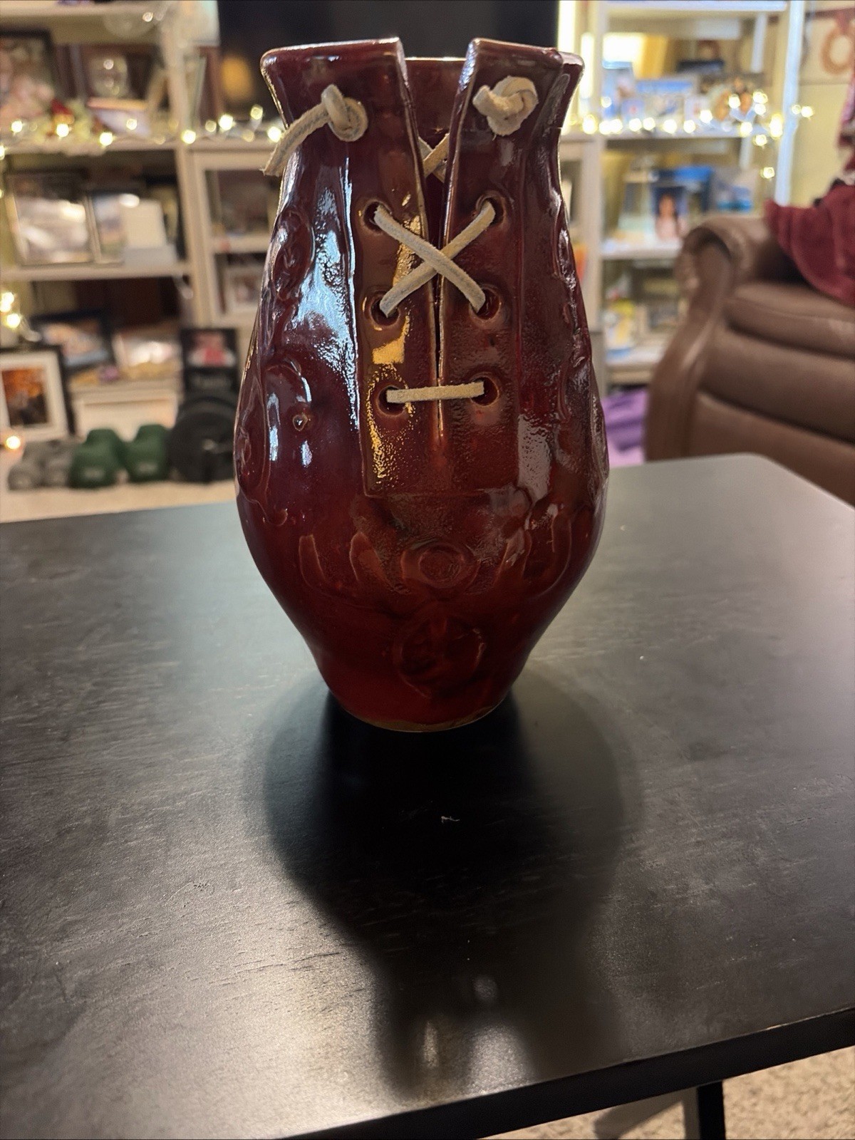 Vtge Handmade Red Vase With Unusual Shape Decor Laces Up Front Signed 2013
