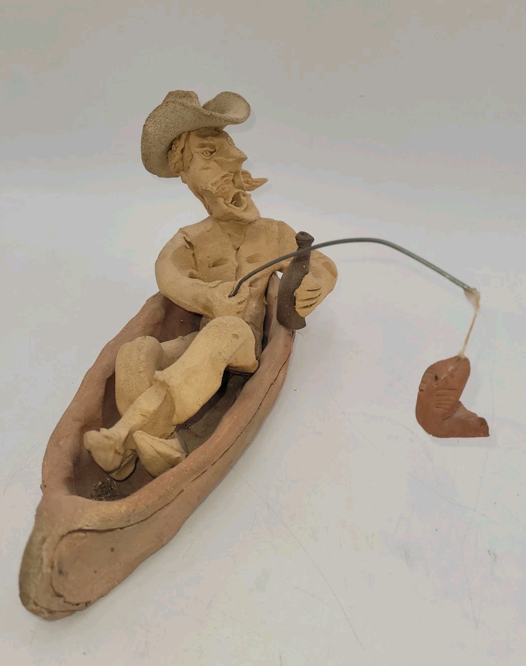 Vtg Signed Tom Schoolcraft Sculptures Canoe Fishing Cowboy 9″ Pottery Sedona