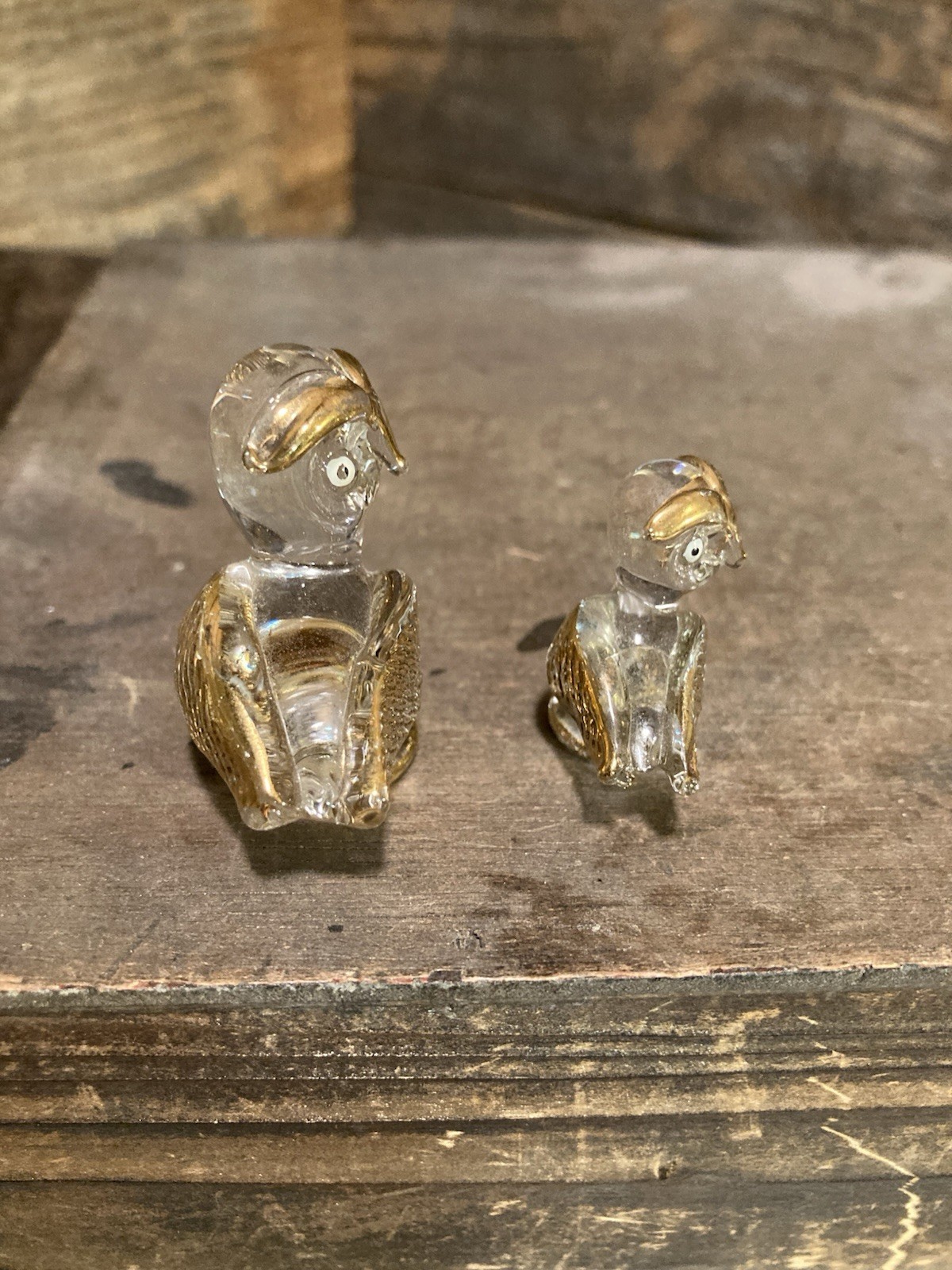 Art Glass & Gold Owls Hand Blown Set Of 2