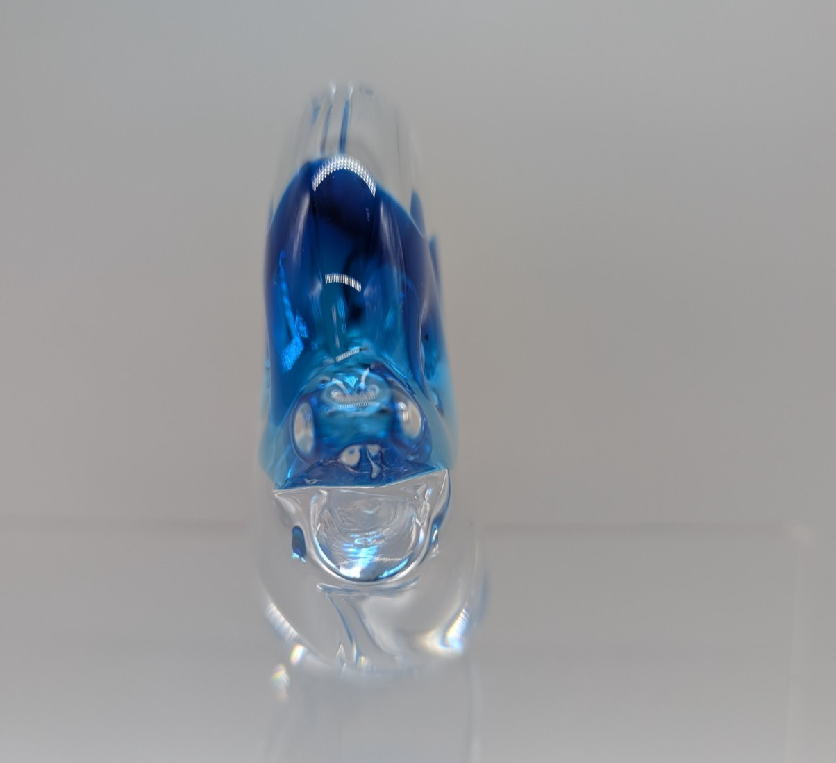 Josef Marcolin Signed Glass Paperweight Clear Blue Fish 3×4 Inches