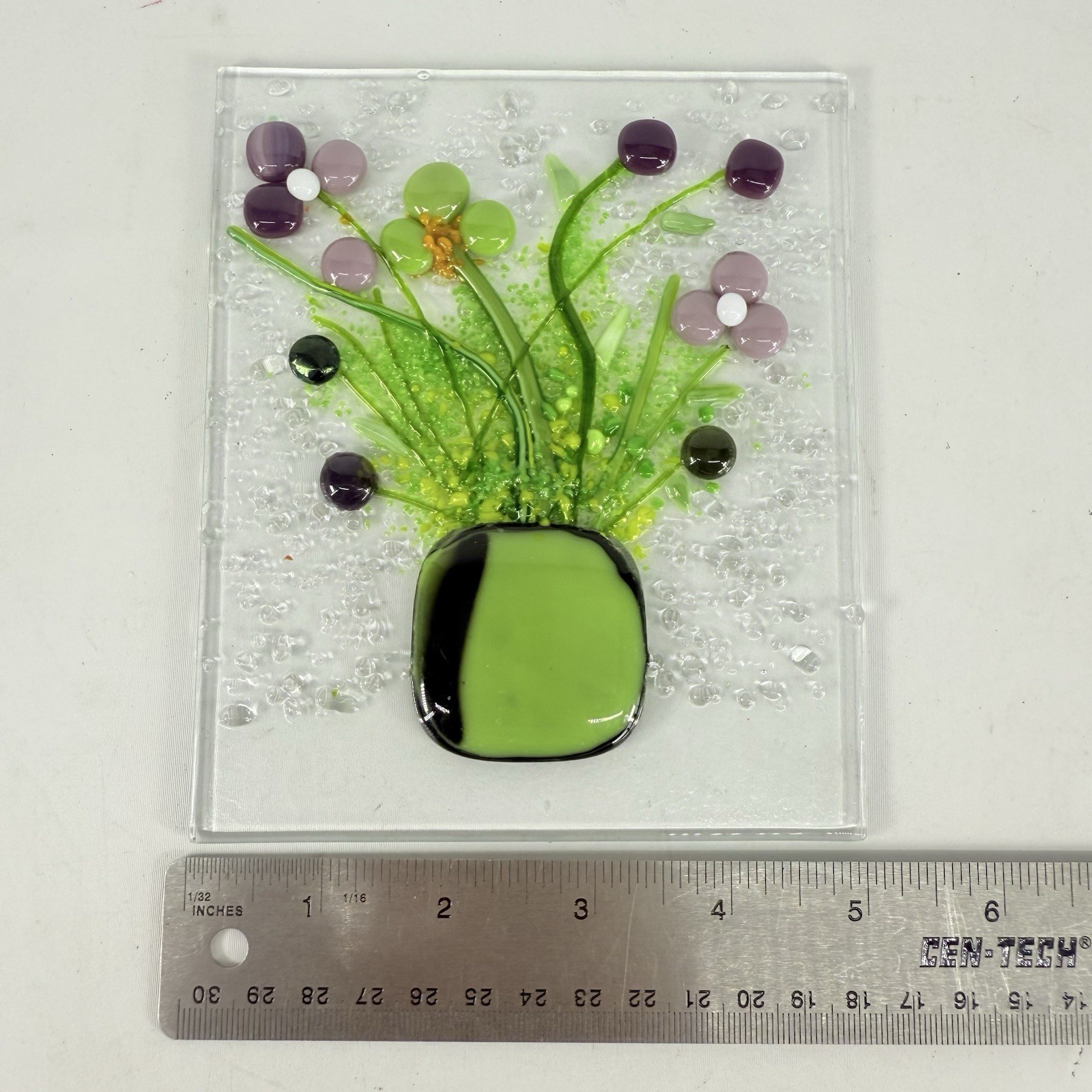 Studio Art Fused Glass Panel 3D Floral Flowers In Vase Pot 5” x 6” Green