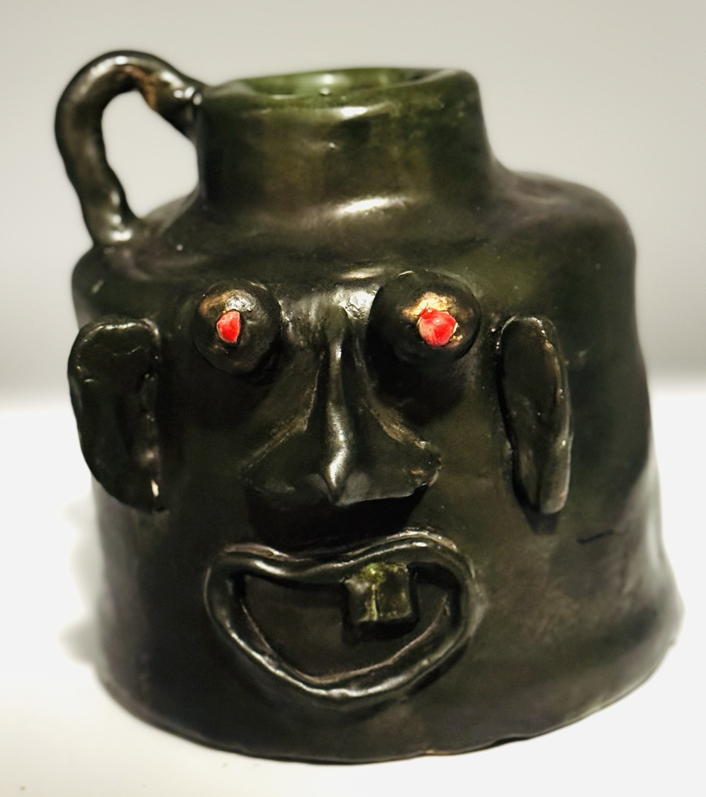 Grotesque Pottery Folk Art Ugly Face Jug Red Devil Eyes Gothic South Primitive