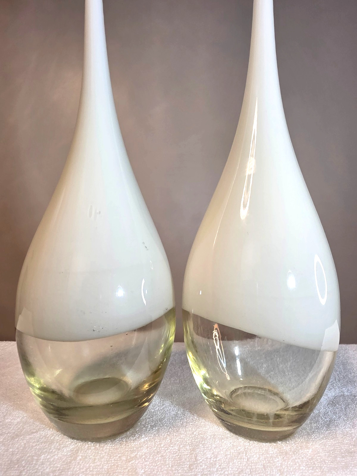 White Art Glass Stretch Long Thin Neck Vase w/ Flange Rim Used