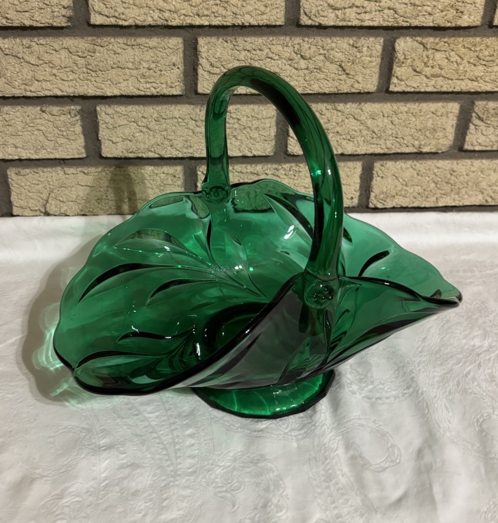 Vintage Emerald Green Glass Basket Applied Handle Leaf Design Pedestal Bowl MCM
