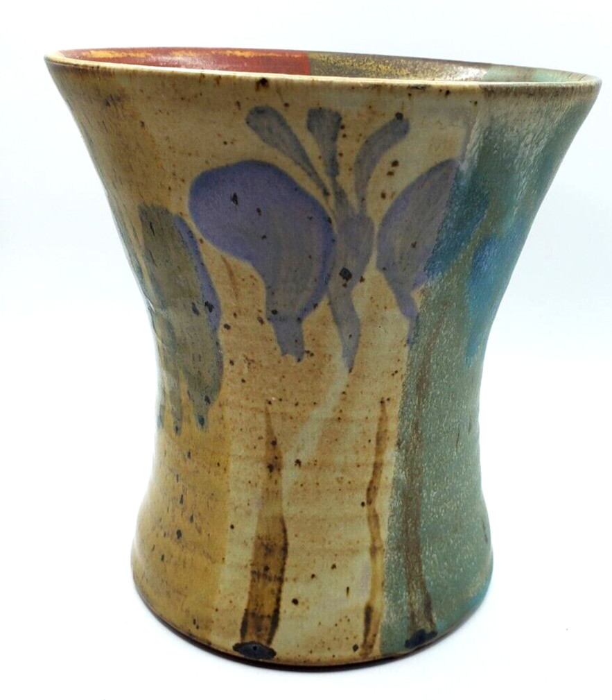 Vintage Creitz Handmade Pottery Vase Stoneware Wide Mouth Signed Blue Green Red