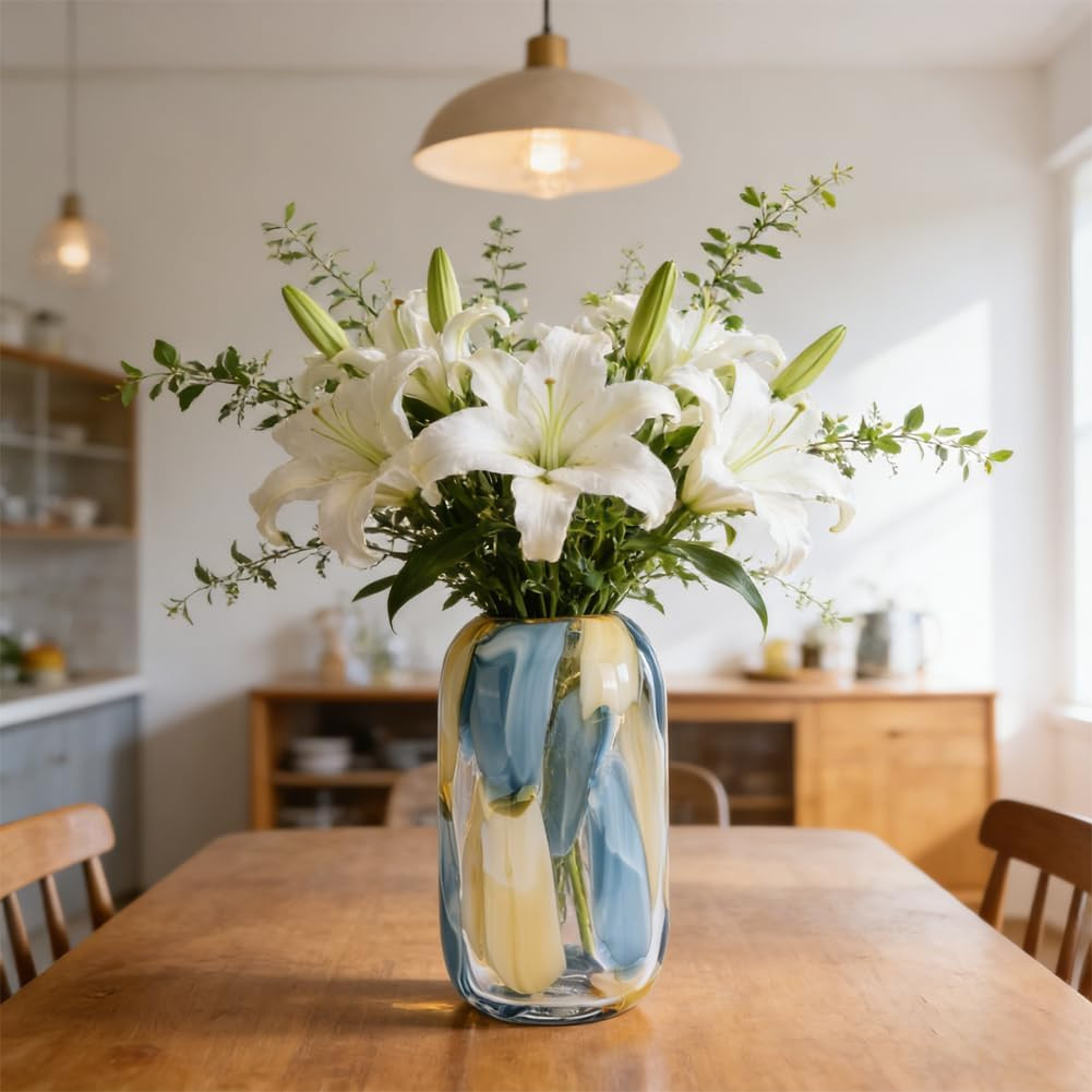 Hand Blown Blue Glass Vase – 12.6″ Decorative Centerpiece for Home Decor