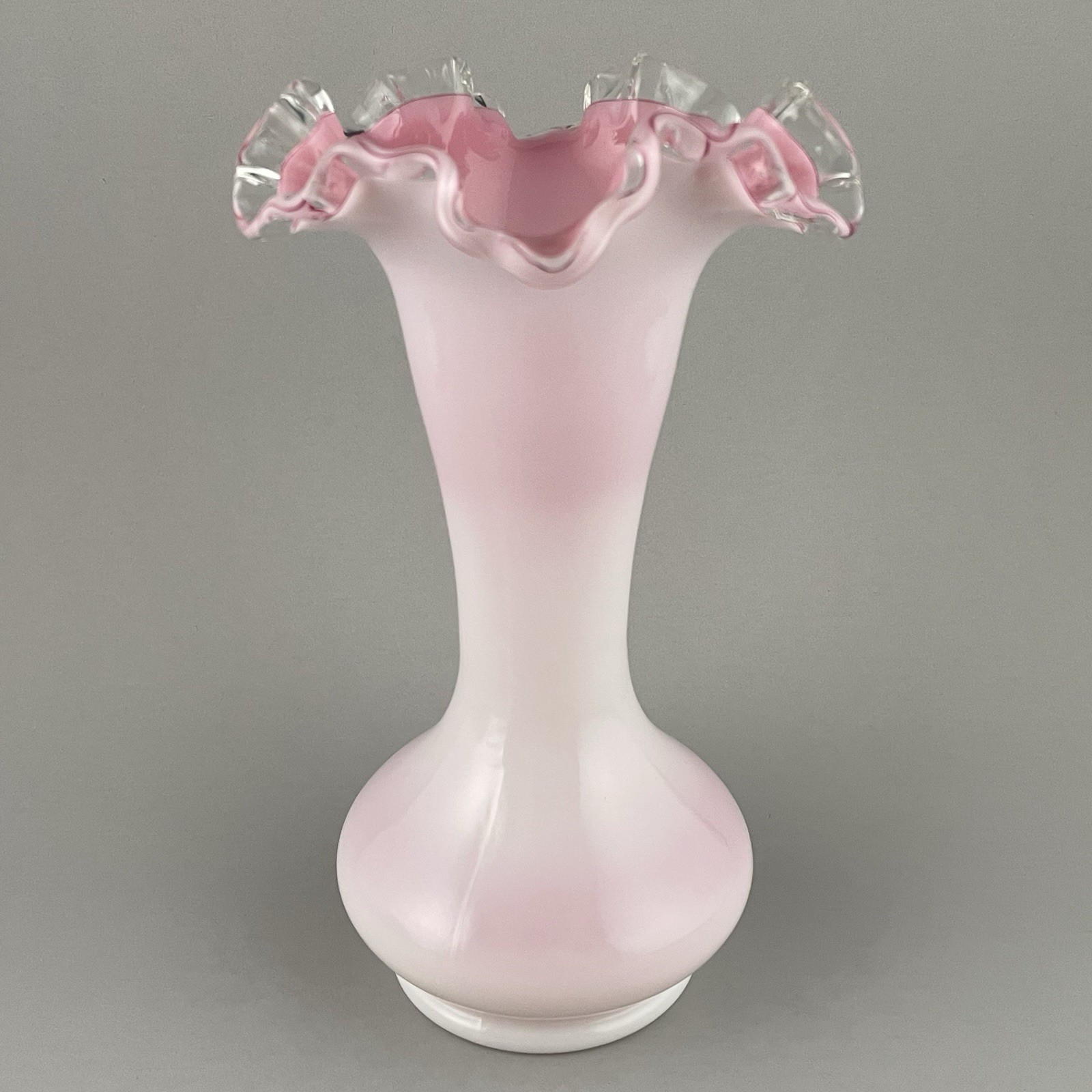 Vintage Fenton Peach Crest Vase Double Crimped Ruffled White Pink Cased Glass