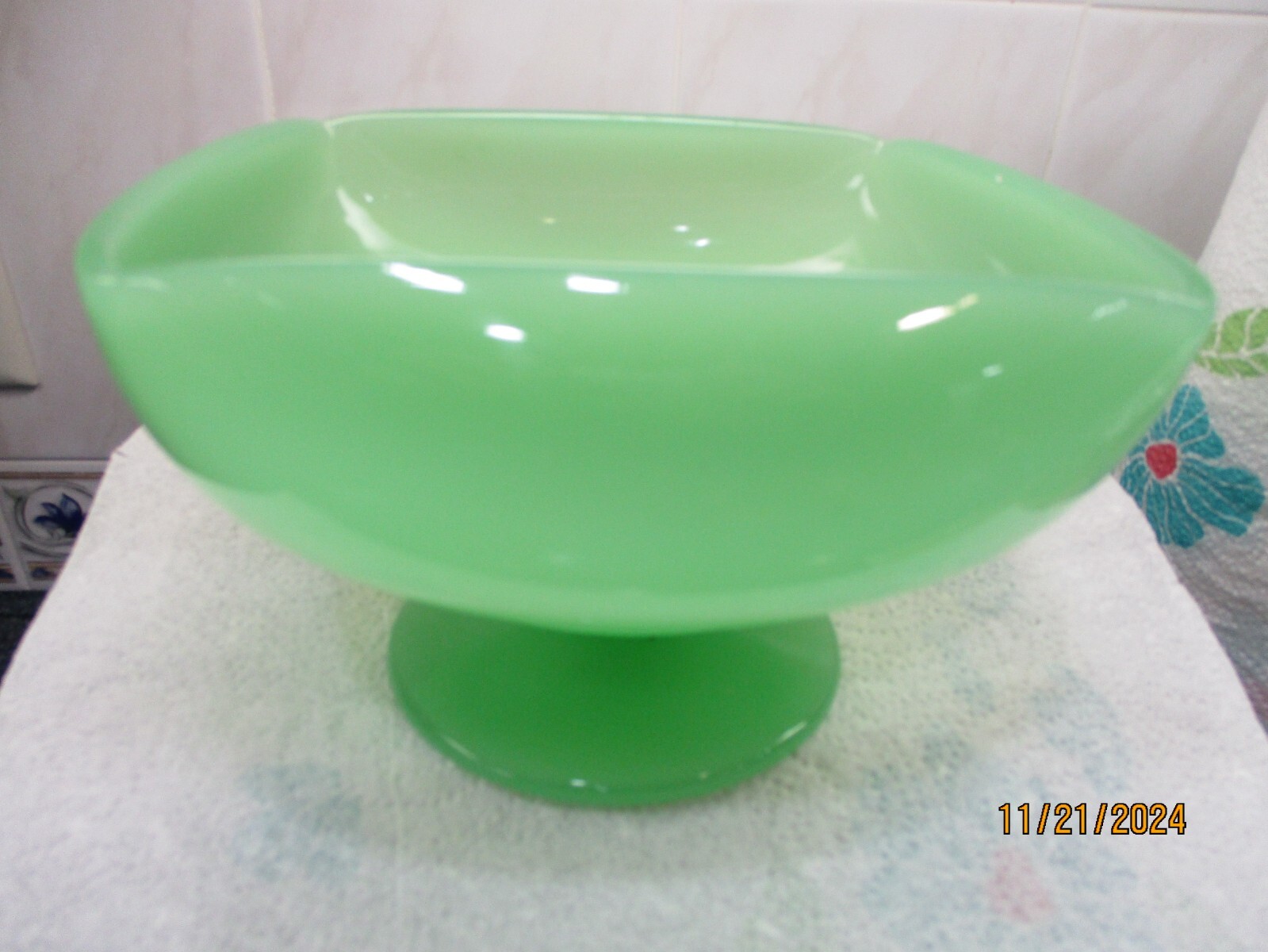FENTON JADEITE LARGE SQUARE FOOTED COMPOTE
