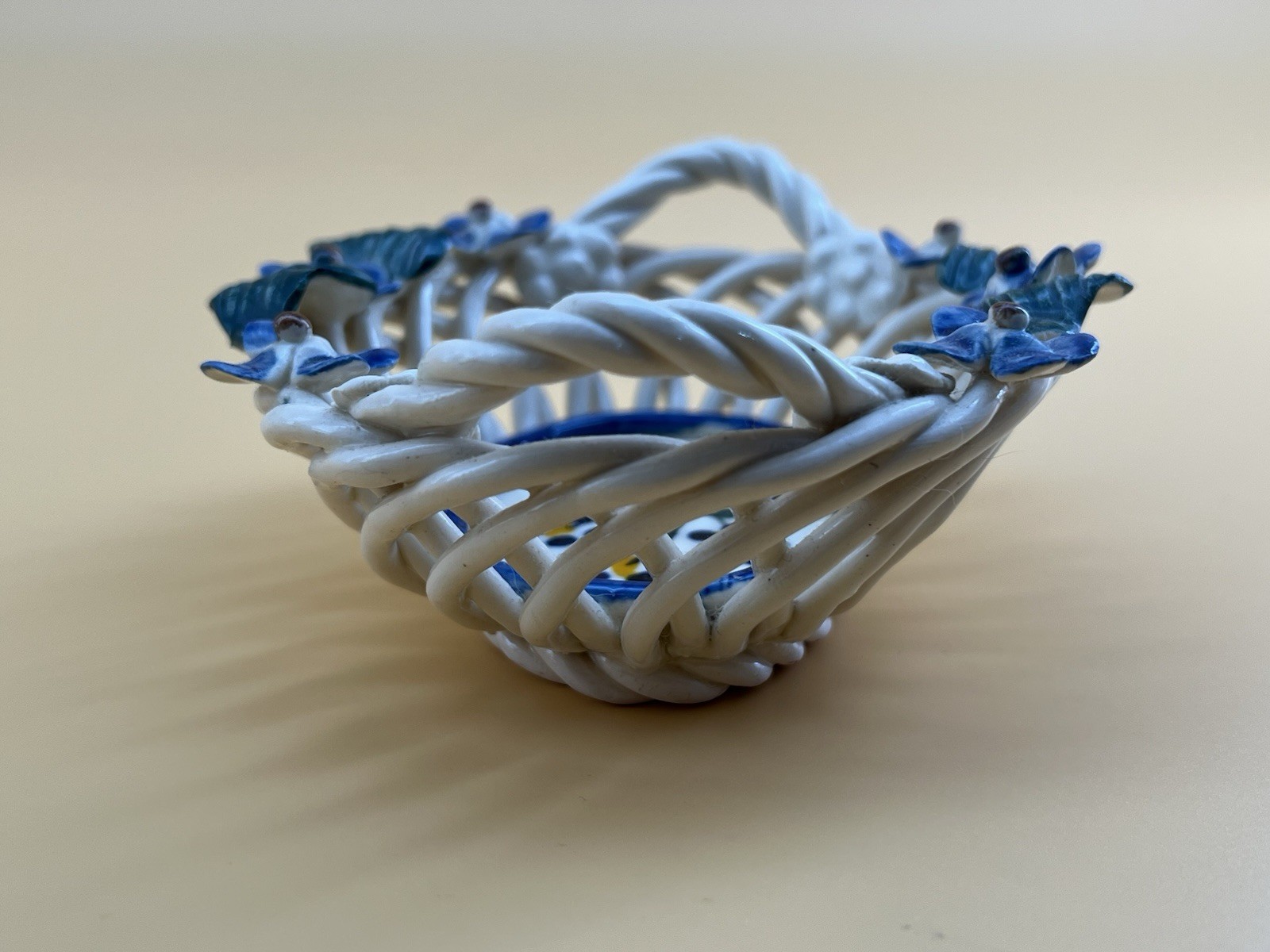 Absolutely Adorable Handmade Clay Spaghetti Basket with Blue Flowers