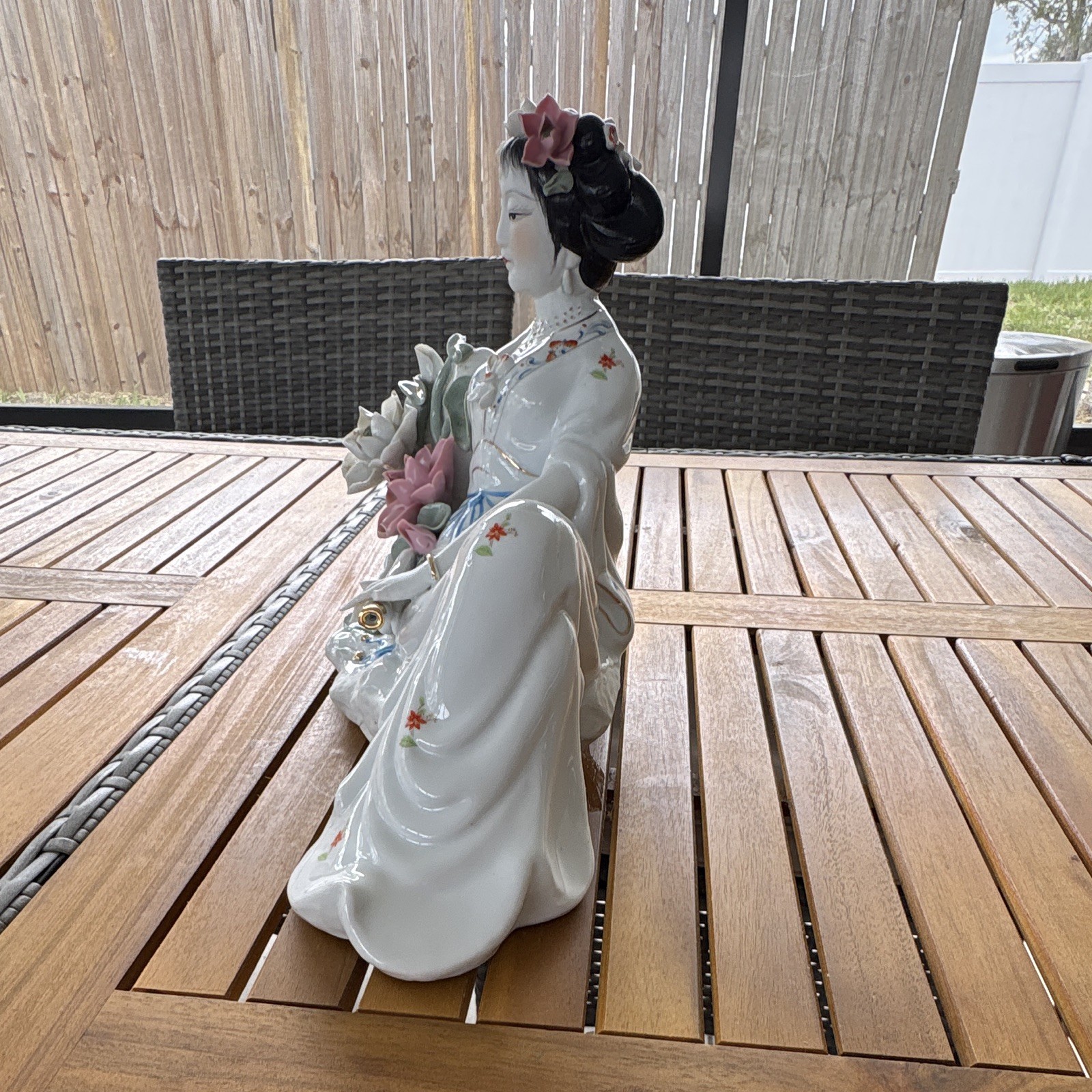 Porcelain Reclining Woman Figurine Glossy White Floral Pink Blue Gold Accents