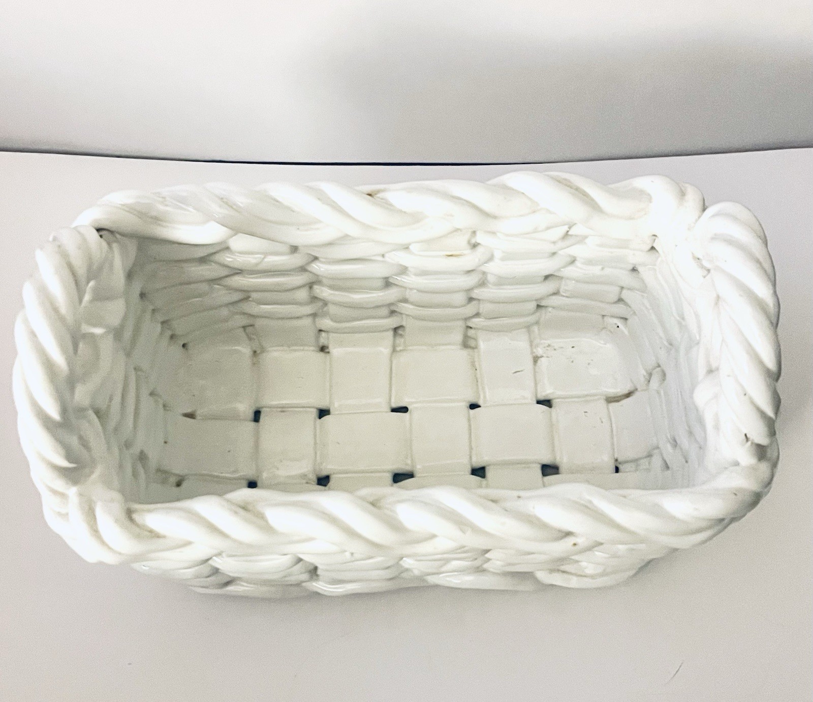 VINTAGE CERAMICHE CASTELLA White Woven Ceramic Rectangle Basket Handmade Italian