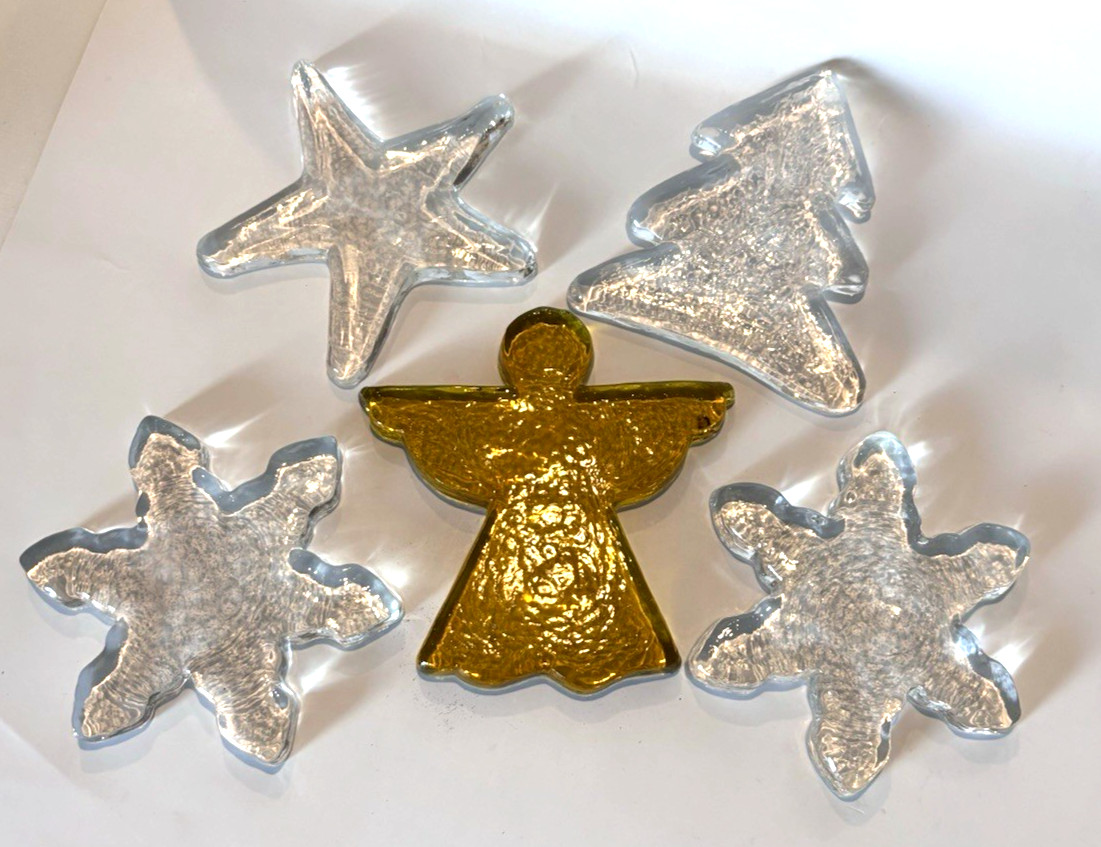 5 Vintage Blenko? Glass CHRISTMAS PAPERWEIGHTS 5″ Star, Angel, Snowflakes, Tree