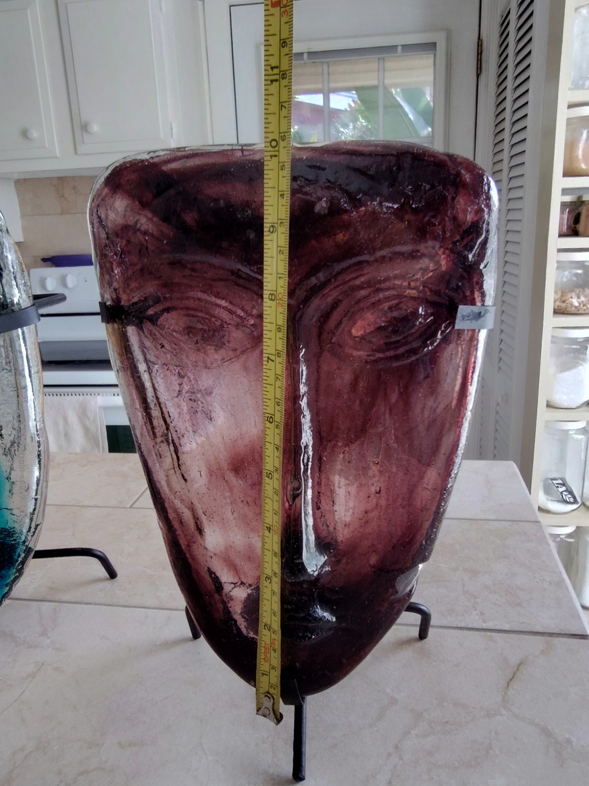 Vintage MCM Jaramillo Bros Mexico Glass Face Mask Sculptures Pair – 10″ On Stand