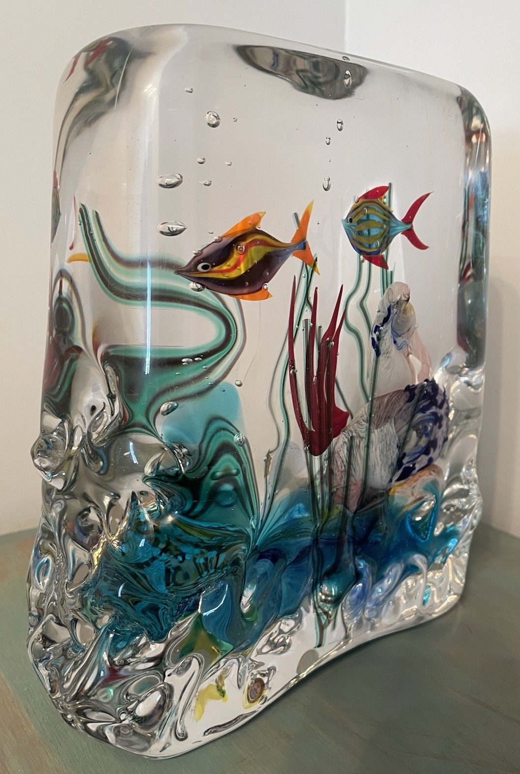Signed Murano Glass Fish Aquarium Sculpture Sea Life Bubbles 10 Pounds 7 1/2”