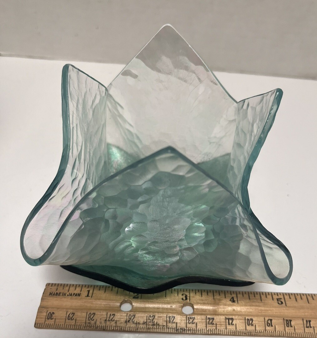 Fused Glass Two Tone Handkerchief Hand Made Votive Holder Signed.