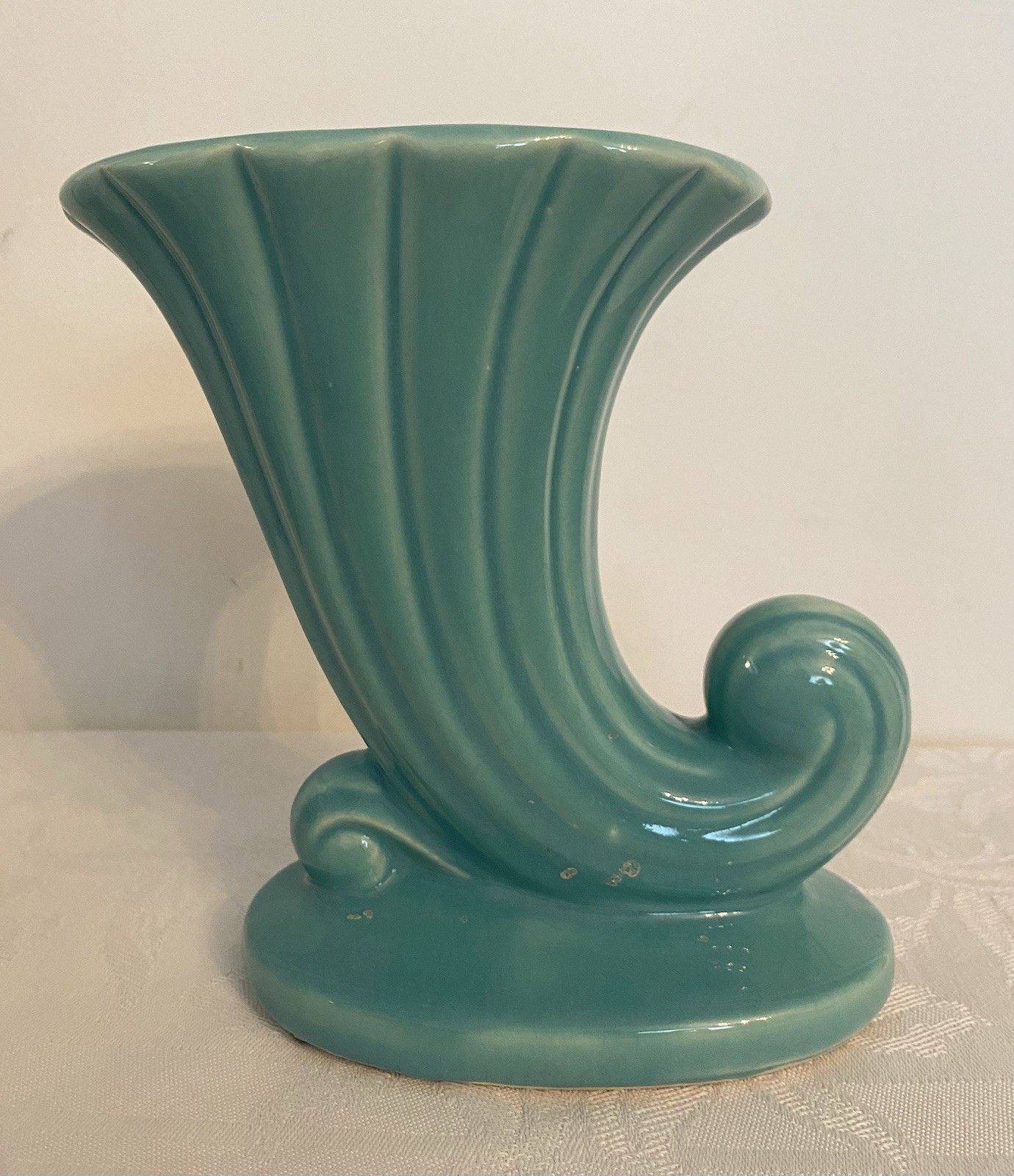 Vintage Shawnee USA Turquoise Cornucopia Vase Art Pottery Fluted Planter 6.5”