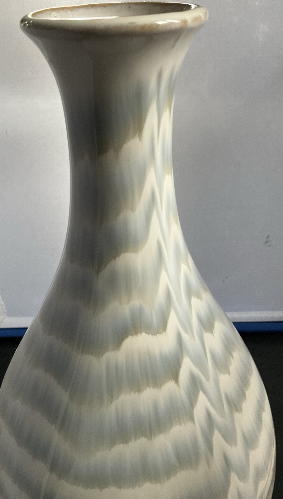 Large Handmade Signed Vase Cream Blue Green Abstract 16” X 8” Ceramic Glossy