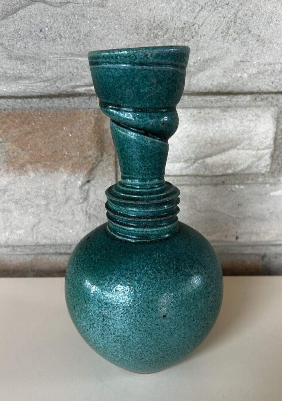 Art Pottery Vase Over the Top Twist Neck Blue Green Glaze SIGNED 10-3/4” Tall