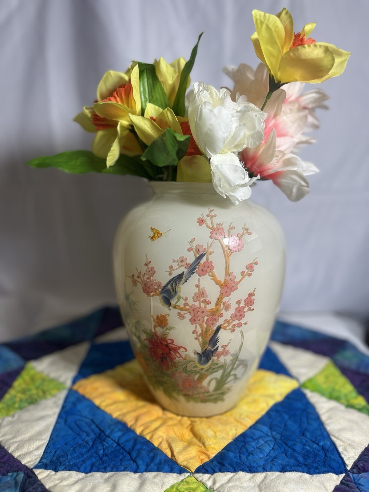Vintage Asian Porcelain Vase with Bird and Floral Motif