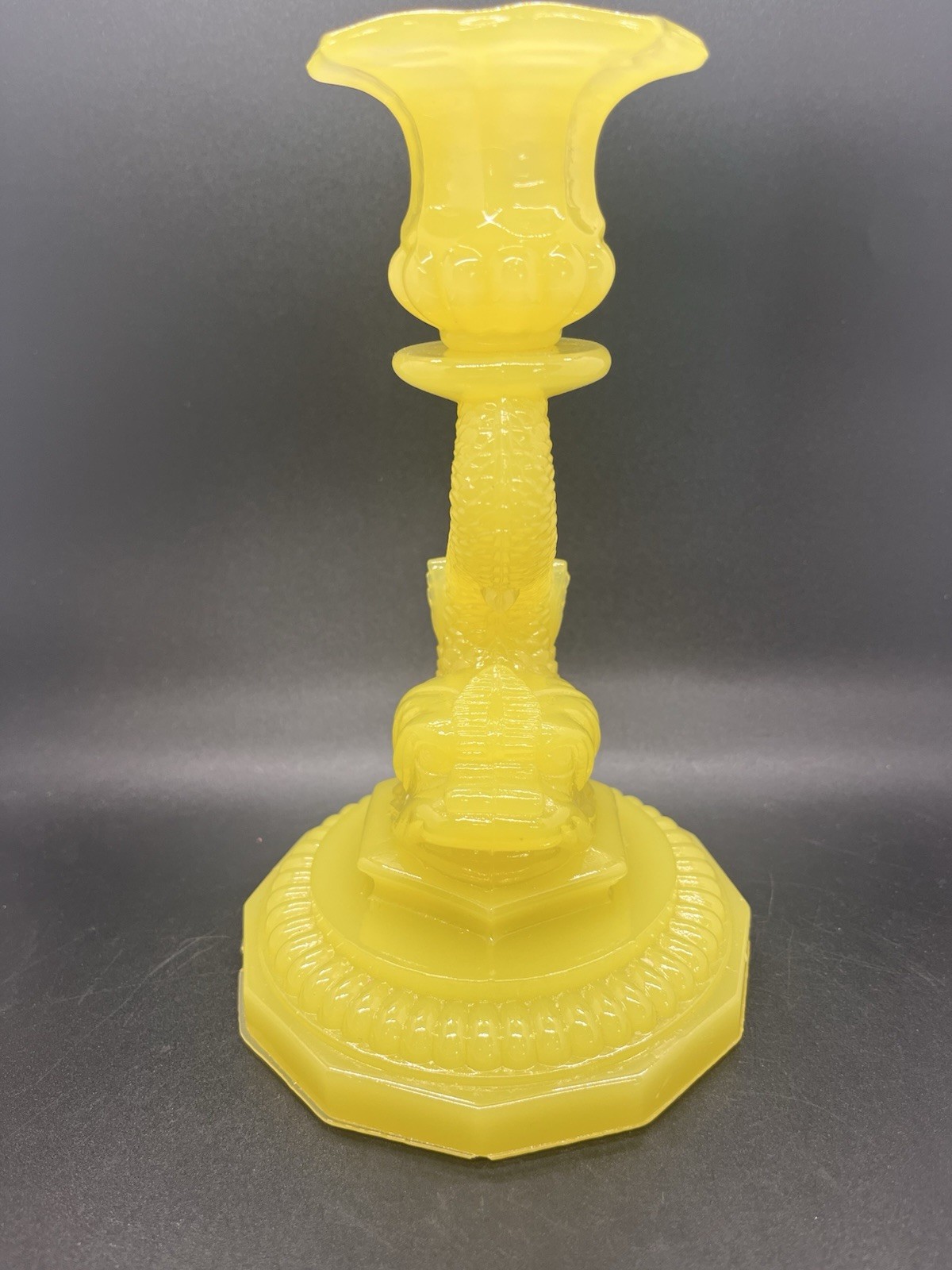 EAPG Rare Vntg Portieux Vallerysthal Canary Vaseline Glass Dolphin Candlestick