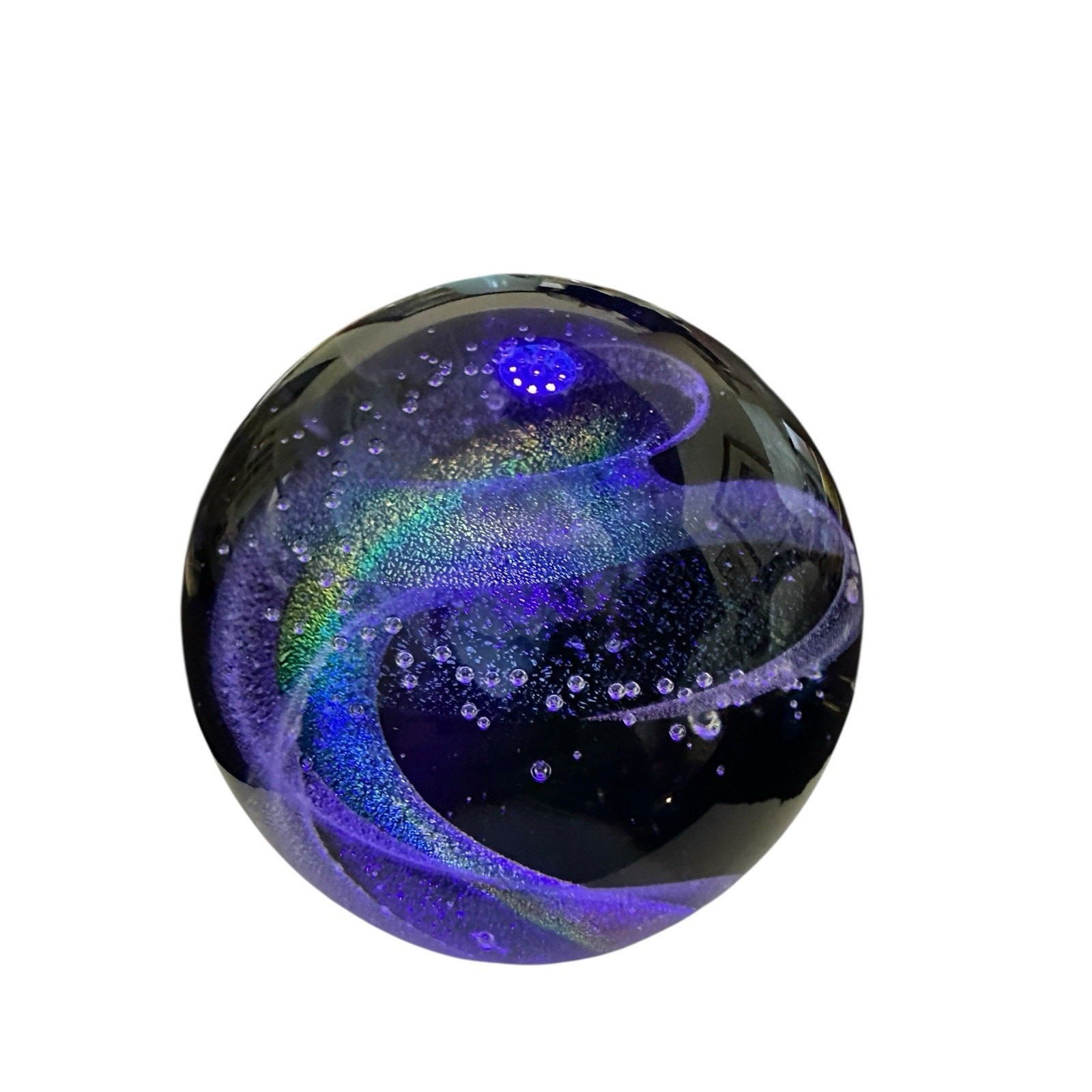 NEW Dark Nebula 4” Orb Blue Nebula of Dichroic Glass and Encased Bubbles Signed