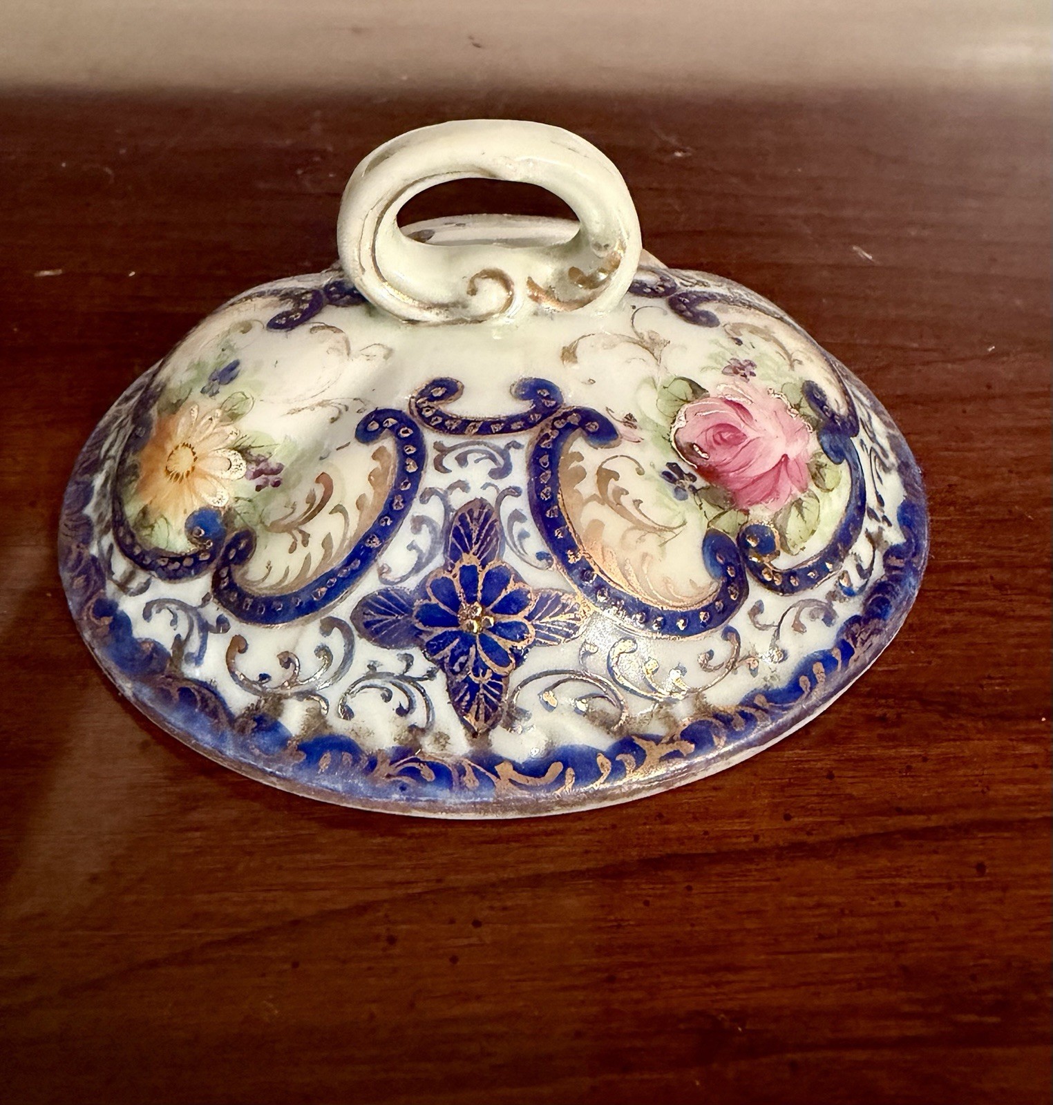 Antique French Hand Painted Porcelain Biscuit Jar w Lid; Blue w flowers & Gold
