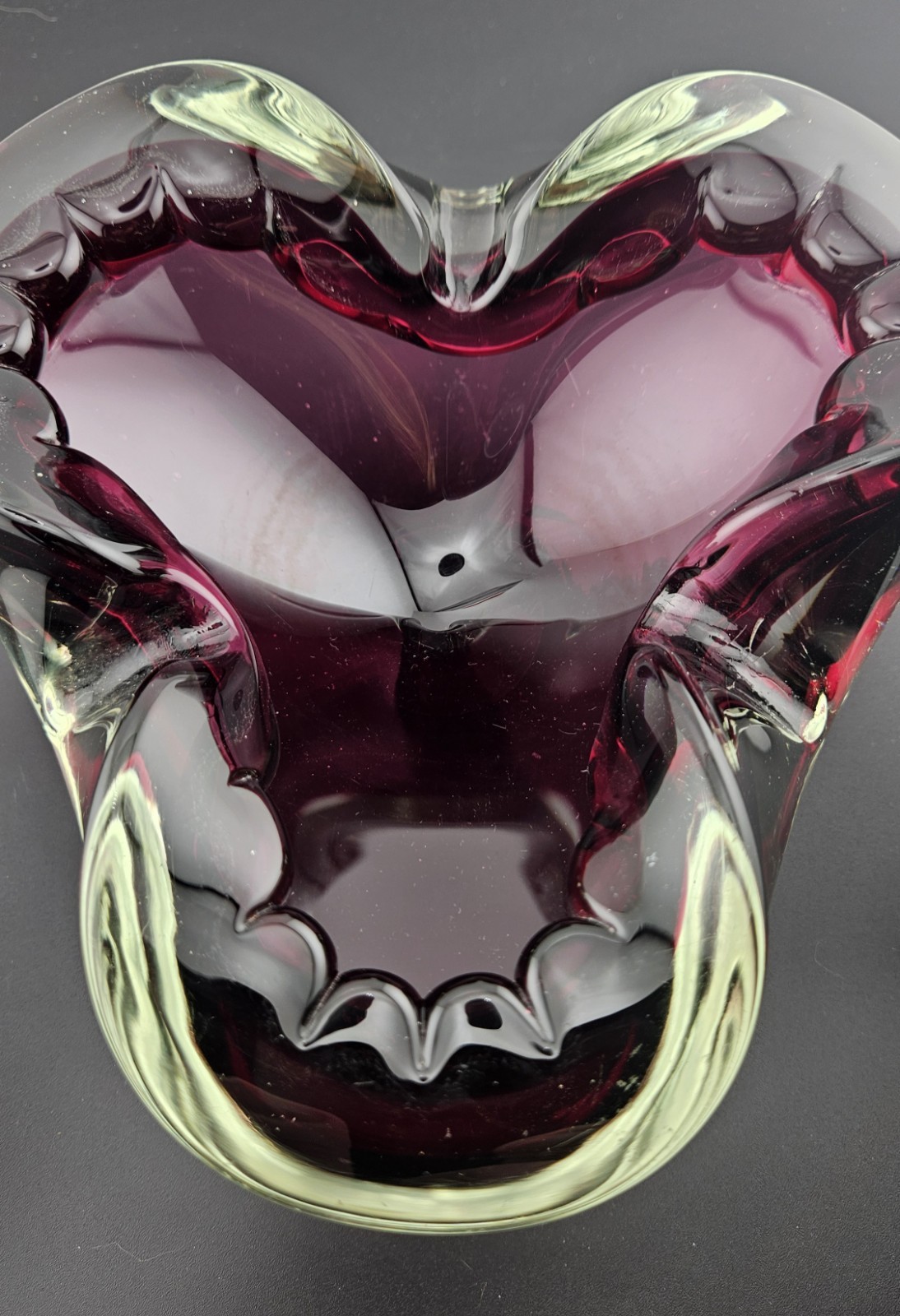 Stunning 7″ Burgundy Ribbed Edge Vintage Murano Art Glass Folded Edging. Loved