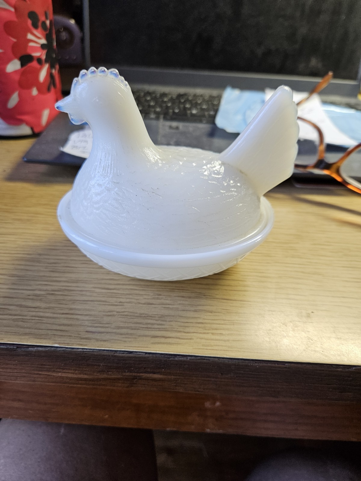 4.5 Translucent Milk Glass Hen On A Nest Ring Of Fire Perfect Condition.