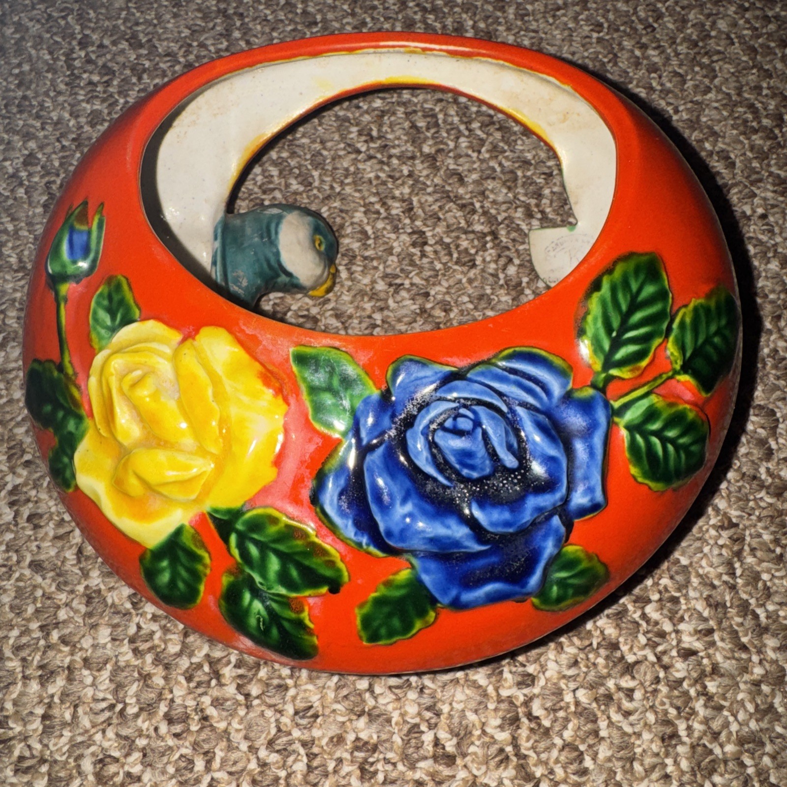 Vintage 1940’s Maruhon? Parrot Majolica Ceramic 7 3/4″ Wall Pocket Vase