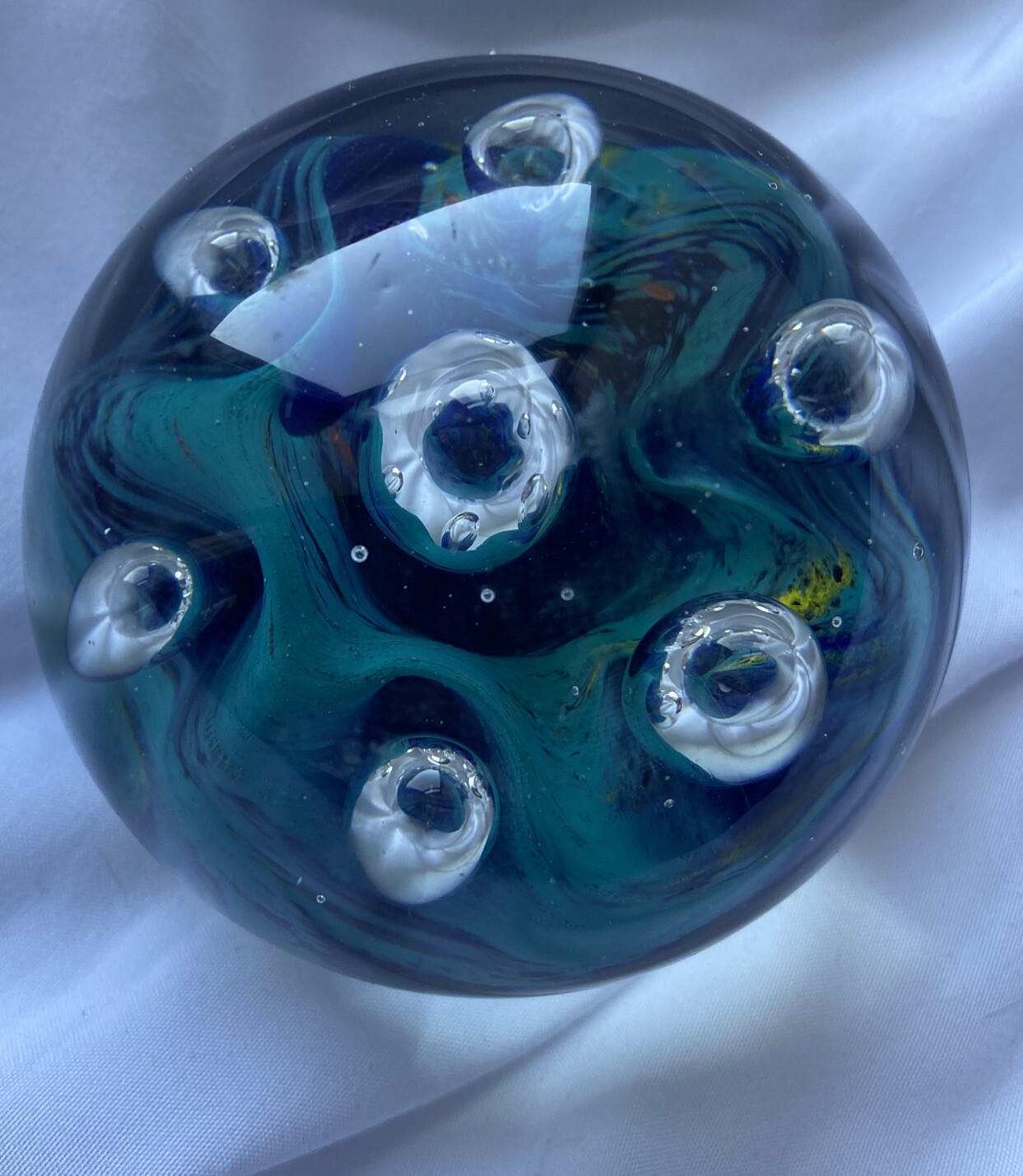 Vintage Art Glass Paperweight Controlled Spheres TurquoiseRoyal Blue 1lb 8oz EUC