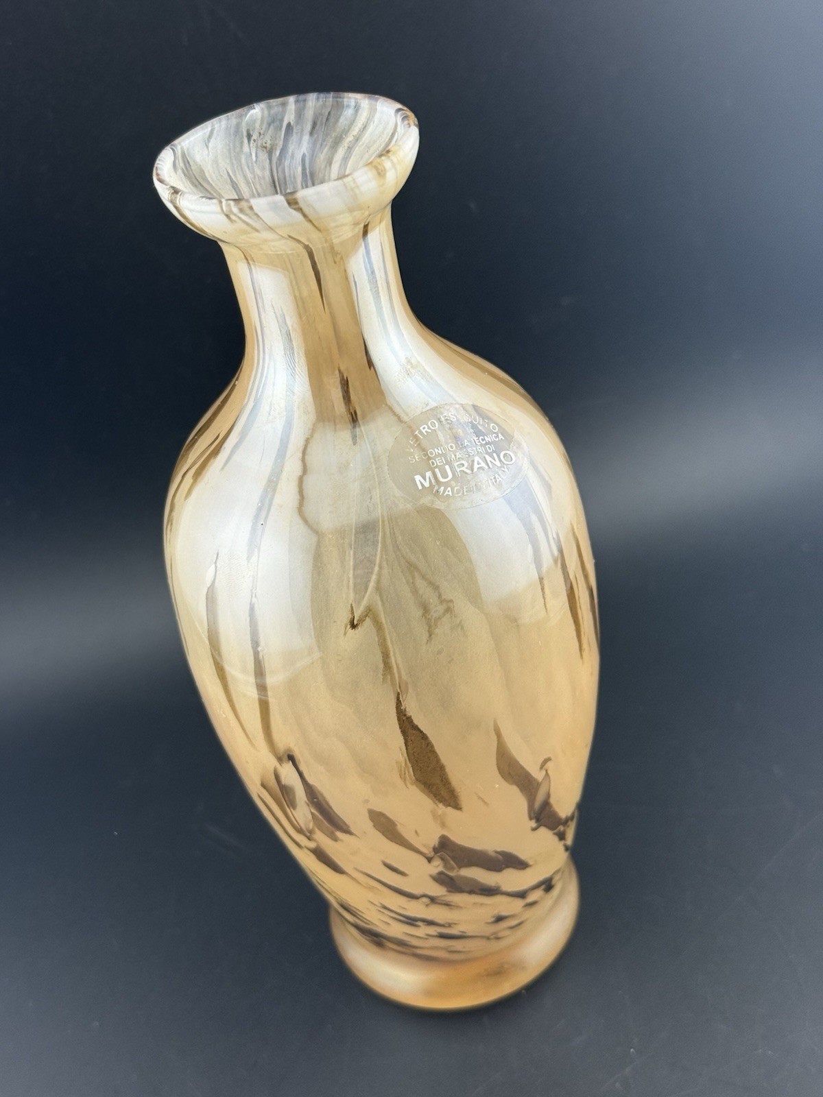Murano Vetro Eseguito Made In Italy Beige And Brown Art Glass Vase 8”