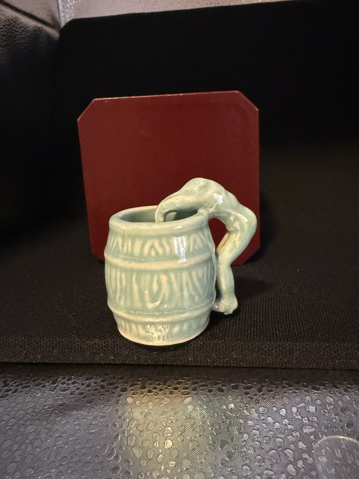 Vintage Pottery Tooth Pick Holder Art Nouveau Naked Man dives in Barrel