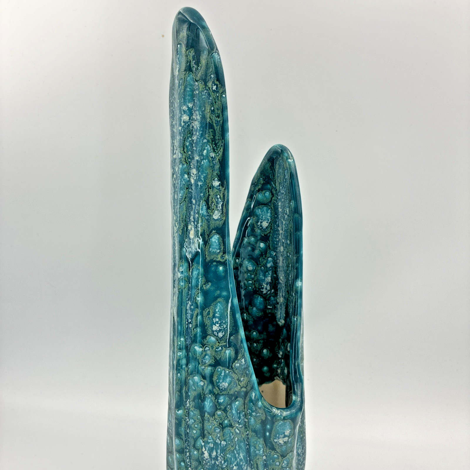 Vintage MCM Studio Pottery Teal Lava Glaze Flame Vase Signed Thelma 1966 14″