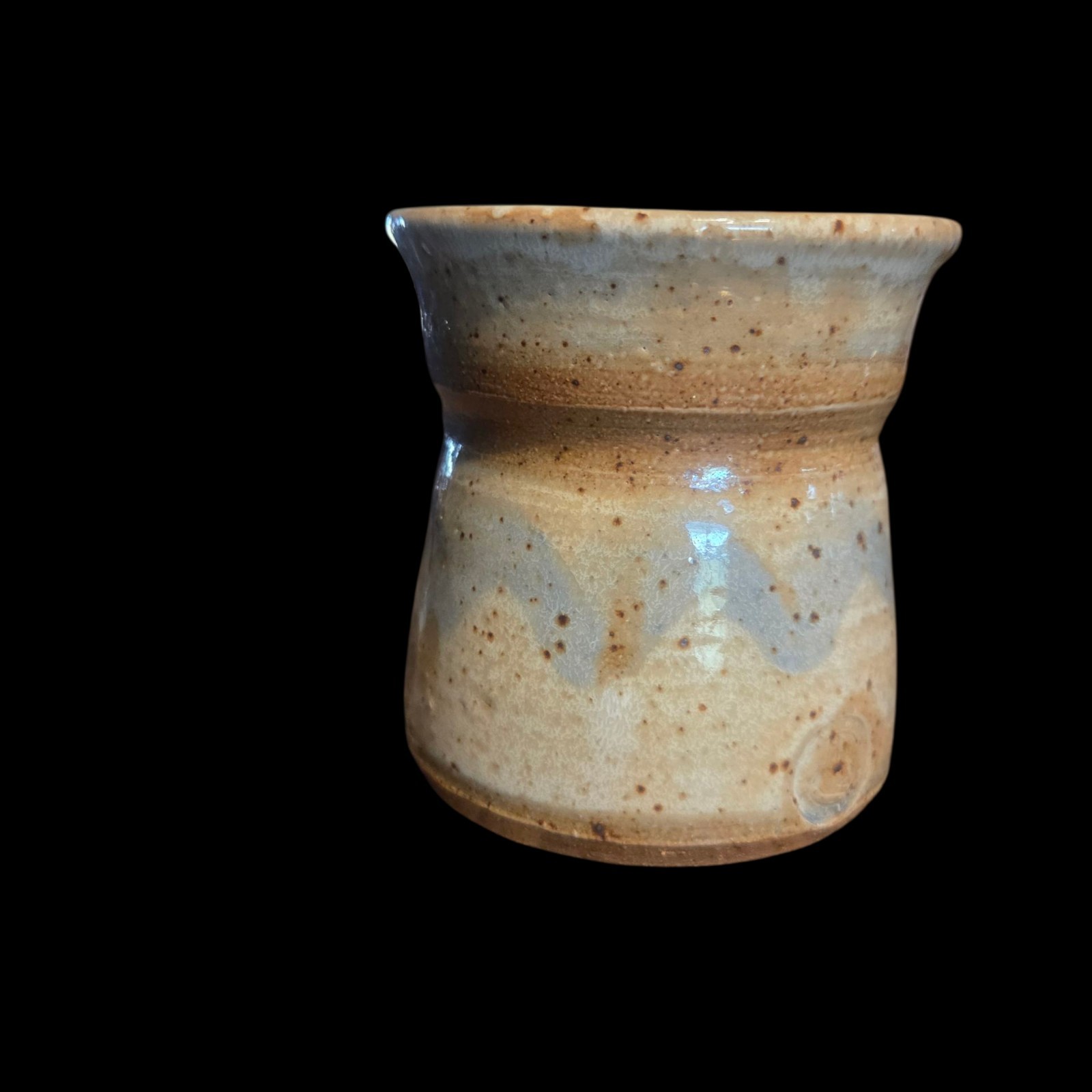 Studio Art Pottery Vase 3.5″ Planter Handleless 11oz Cup Tan Brown Blue Chevron