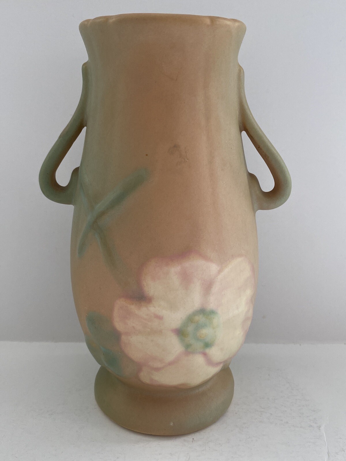 WELLER Peach Green Two Handled WILD ROSE Dogwood Art Pottery Vase Circa 1930’s