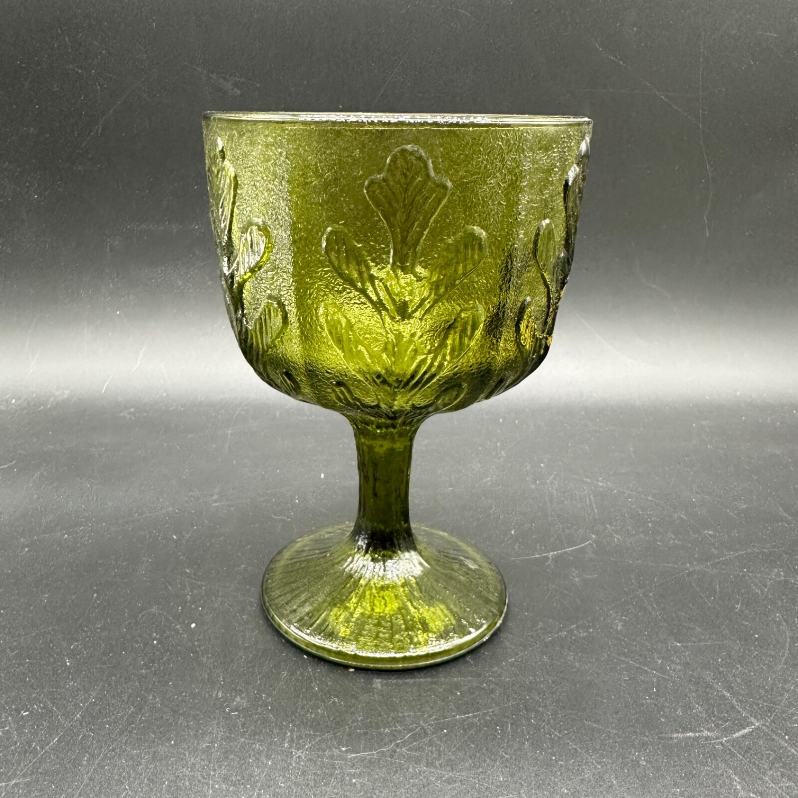 FTD 1975 Green Glass Goblet Footed Candy Dish Oak Leaf Pattern Vtg No Chips