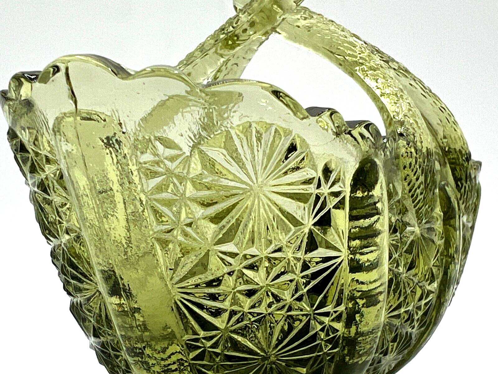 Fenton Art Glass Colonial Green Glass Basket American Classic Twig Handle EUC