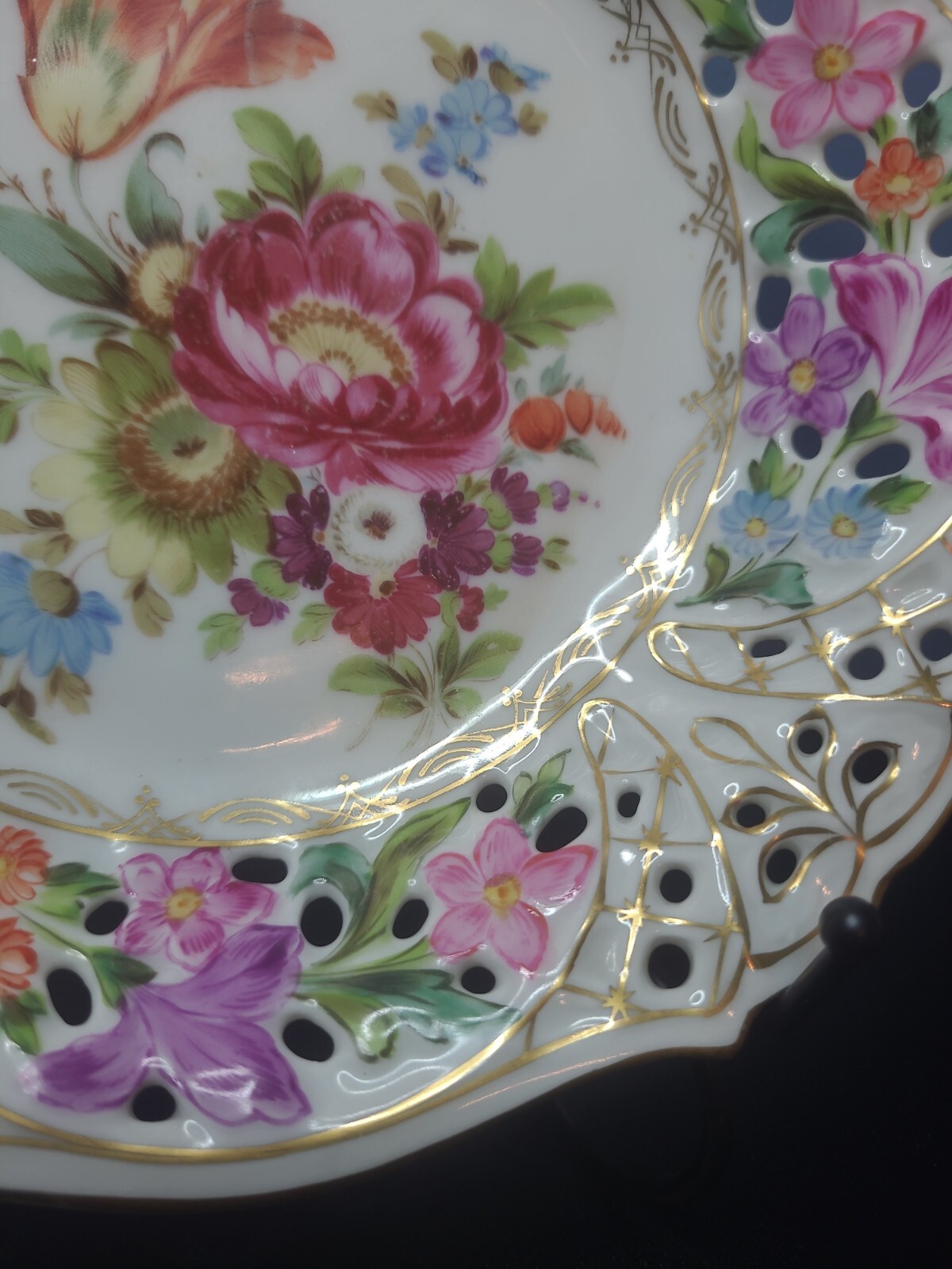 Rare E.S. Prussia Dresden Flowers Gilded Porcelain Bowl Plate Scalloped Openwork