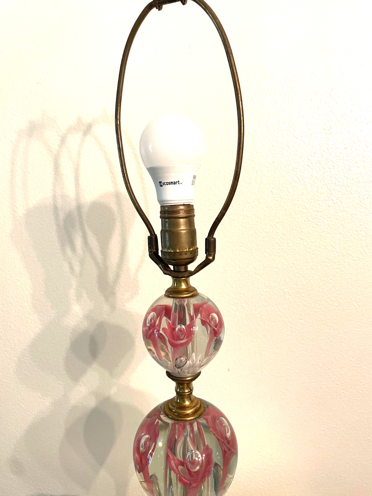 Vtg St. Clair Pink Art Glass Paperweight Lamp w/Shade, Finial EXCELLENT