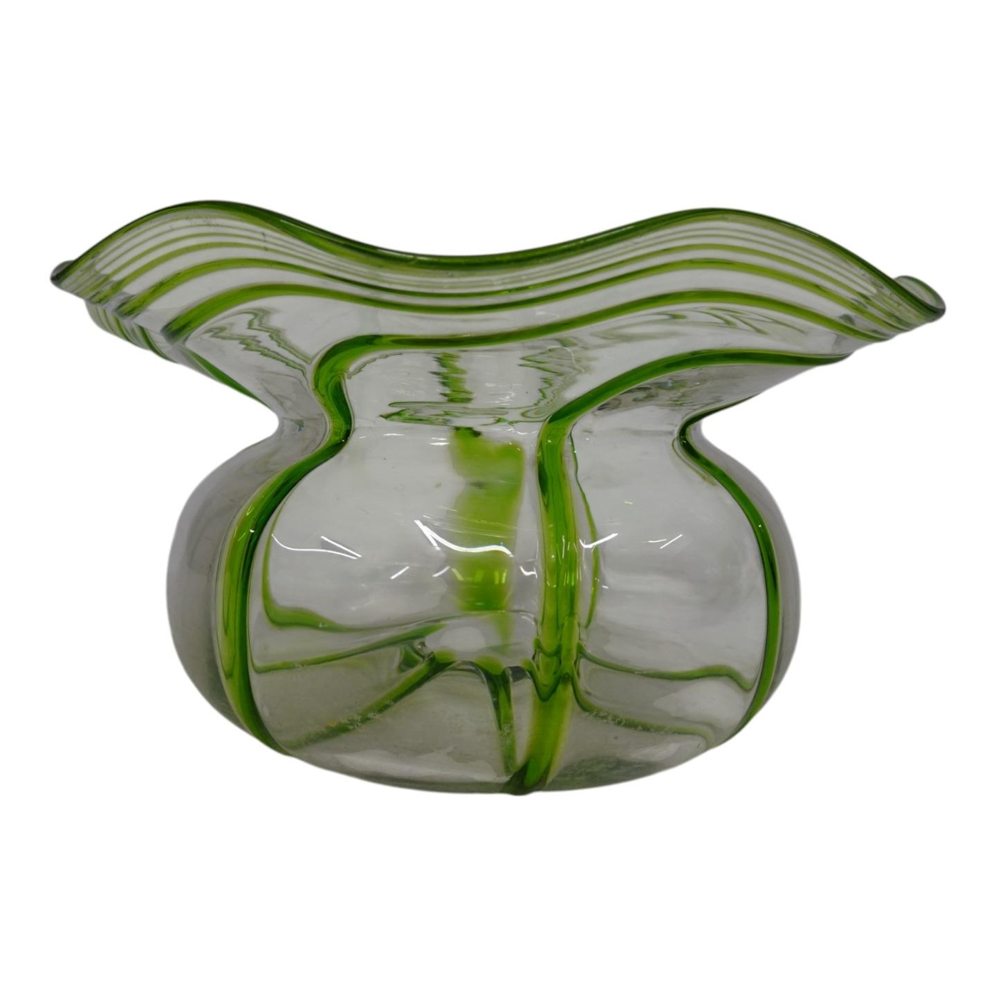 Stuart & Sons Stourbridge Hand Blown Green Trailed Art Bowl Glass Vase HT8
