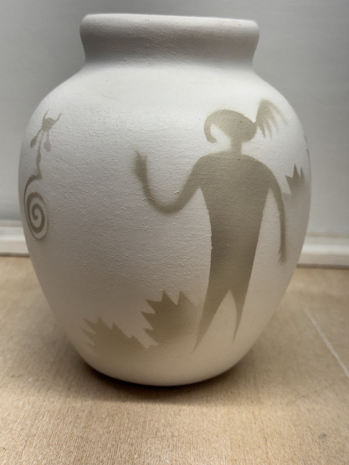 Ancient Shadows Native American Navajo Art Pottery Artist Signed White Vase Jar