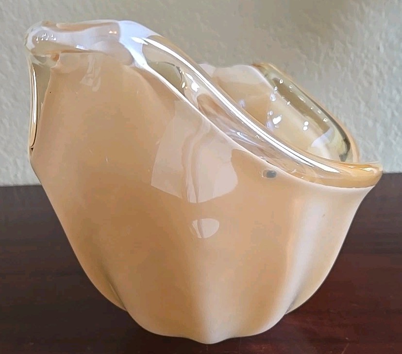 Murano “White Cristal” Peach Glass Vase Bowl Centerpiece – Hand-Blown Art Italy