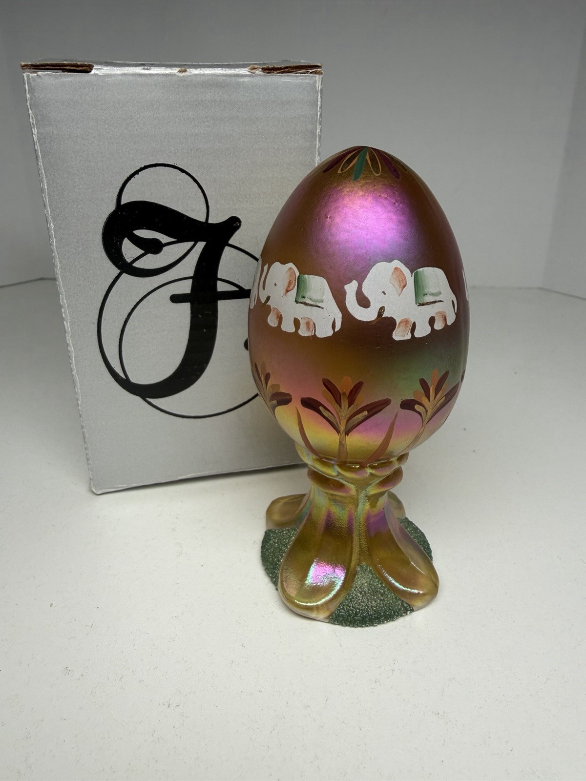 Fenton Gold Egg on Stand Hand Painted Elephant Print Signed 306/3000 With Box