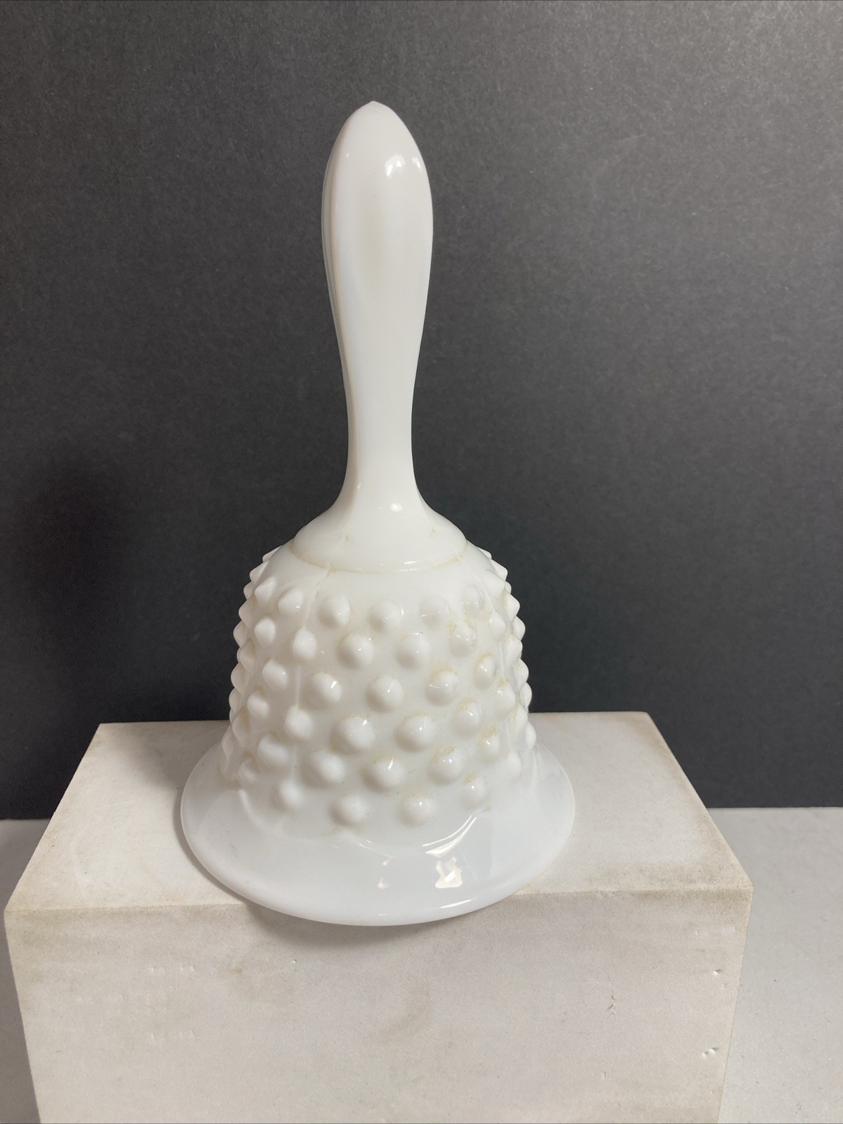 FENTON HOBNAIL MILK GLASS BEADED EDGE HANDLE BELL WITH ORIGINAL METAL RINGER