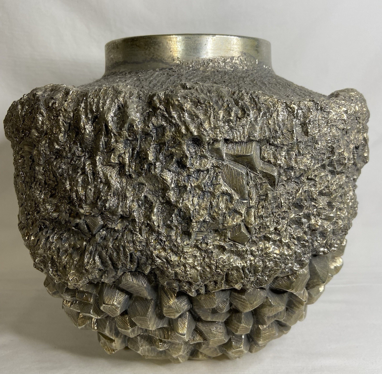 Water Vase Silver Tone Geode Crystal Mineral Design Brutalist Style Large