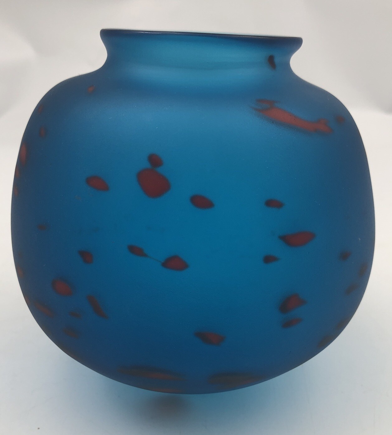 Satin Hand Blown Art Glass Cobalt Blue-Red Round Spherical Orb Vase 5”