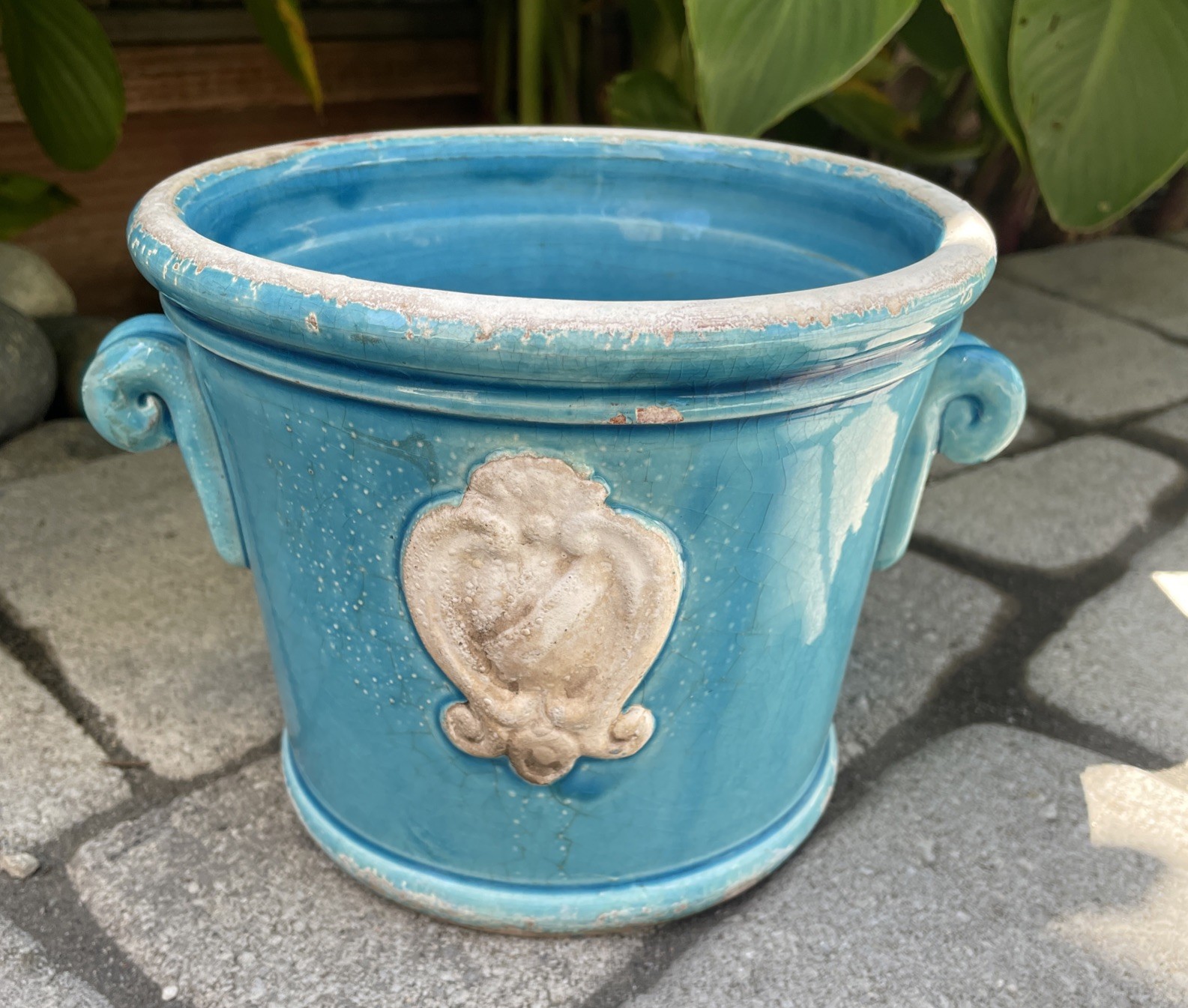 VTG Vietri Pot/ Planter Terracotta Glazed Blue & White Italian Country 1980s GUC
