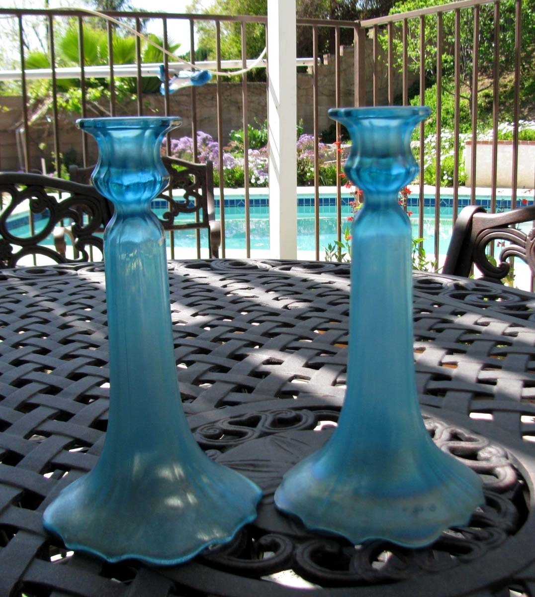 Tiffin Glass/U.S. Glass Celeste Blue Stretch #310 Candleholders circa 1910-1930s