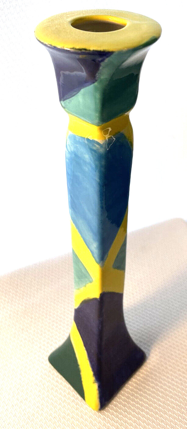 GK Blue, Yellow, Teal, Ceramic Candle Holder 11.5 inches tall
