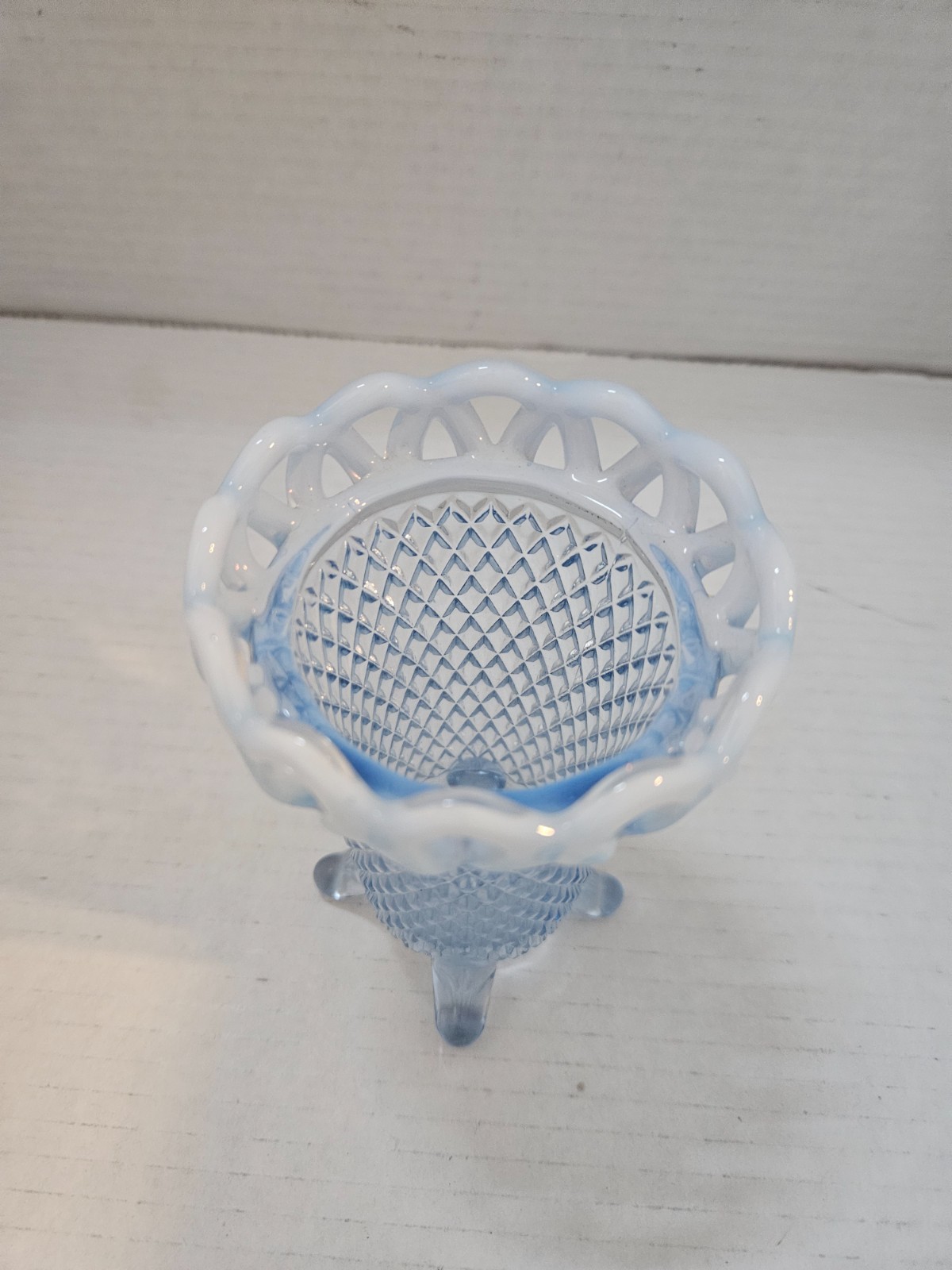 Imperial Laced Edge Blue Opalescent Genie Pattern 4 Toed 5″ Vase